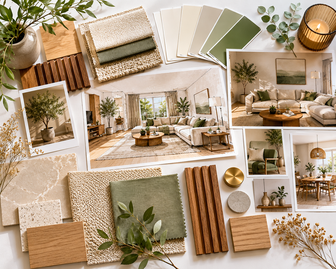 Interior design mood board with color swatches and furniture samples
